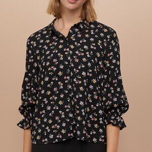 NWT H&M Divided Women Black Printed Shirt With Flounces Size 4
